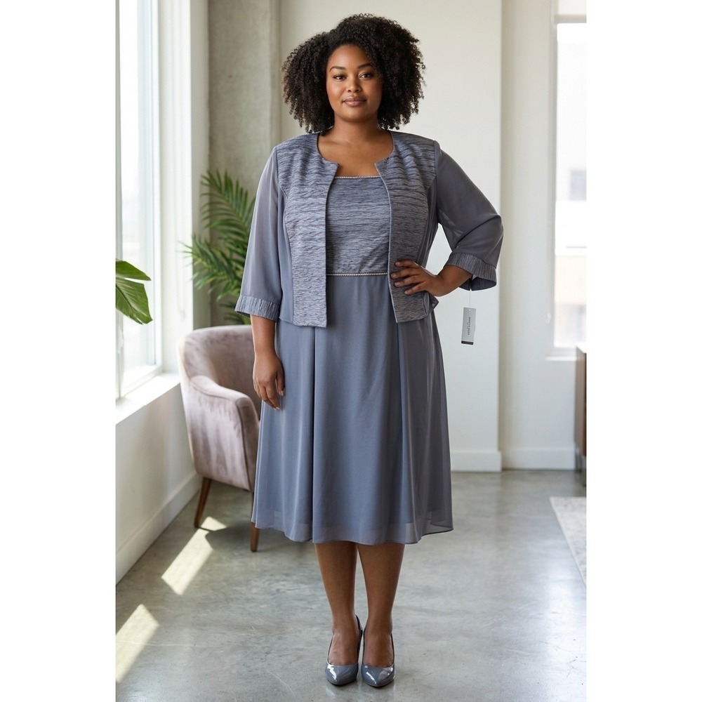 NWT Le Bos 24W Gunmetal Gray 2pc Sleeveless Dress & Jacket Set Formal Wedding 24